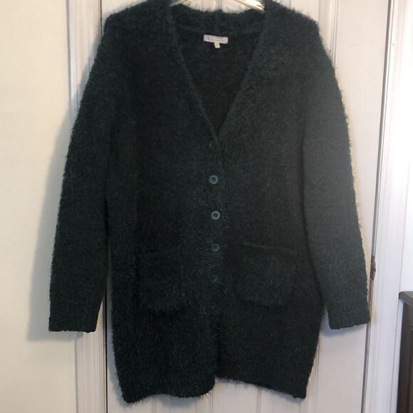 Skies are Blue Sz 0X Teal Green Blue Eyelash Cardigan Used Pit to Pit 24 1/2" - Picture 13 of 15